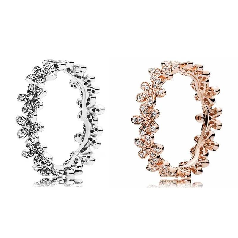 

Authentic 925 Sterling Silver Sparkling Rose Dazzling Daisy With Crystal Ring For Women Wedding Party Europe Fashion Jewelry