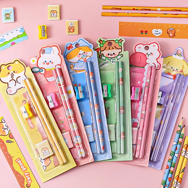 

5PCS Children'S Learning Set Pencil Eraser Sharpener Ruler Combination Set Sketch Hand-Painted Set Student Drawing Tools