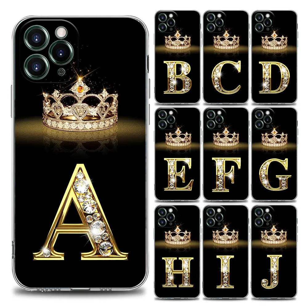 

Diamond Crown Letter A-M Clear Phone Case for iPhone 11 12 13 Pro Max 7 8 SE XR XS Max 5 5s 6 6s Plus Soft Silicon Cover