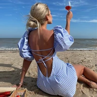 checkered stripes backless sexy dress 2022 women elegant puff sleeve clothes party streetwear bodycon mini dresses y2k fashion