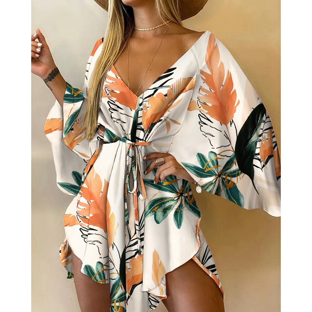 

Women Tropical Print V Neck Tie Front Asymmetrical Dress 2023 Casual Sexy Half Sleeve Mini Dress Summer Casual Vacation Dresses