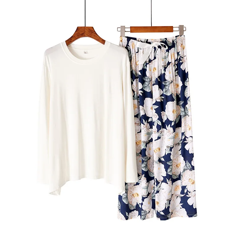 Japanese New Style Ladies Pajamas Simple Floral Large Floral Long-sleeved Trousers Home Service Two Piece Set Sleepwear