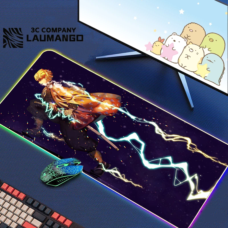 

LED Light Gaming Mouse Pad Demon Slayer Anime RGB Mousepad Gamer Cabine Xxl Desk Large Carpet Extended Pc Accessories Mouse Mats