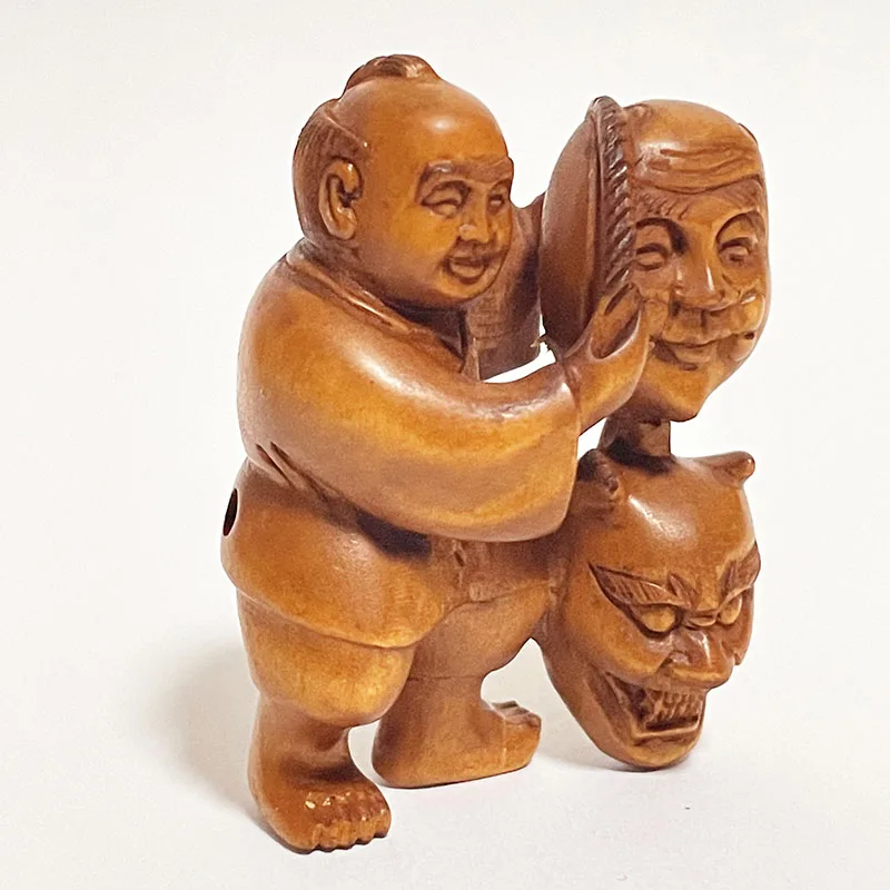 

2 INCH Boxwood Hand Carved Netsuke Sculpture Miniature Japanese Man with Masks