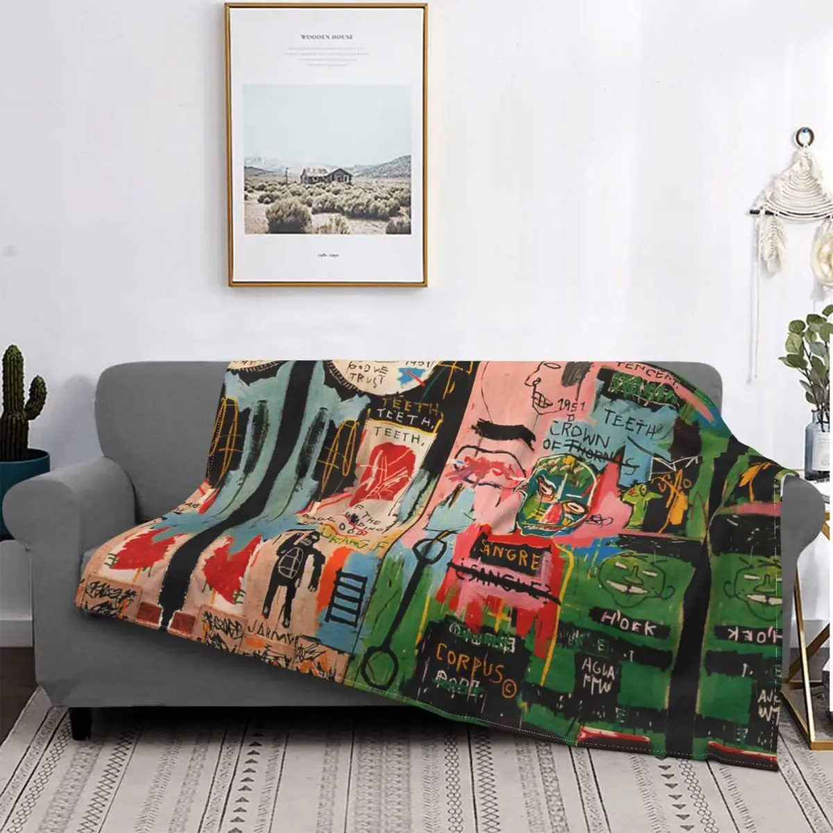 

Шерстяное одеяло с граффити Basquiat, винтажное покрывало для кровати, дивана, дивана, покрывало 200x150 см