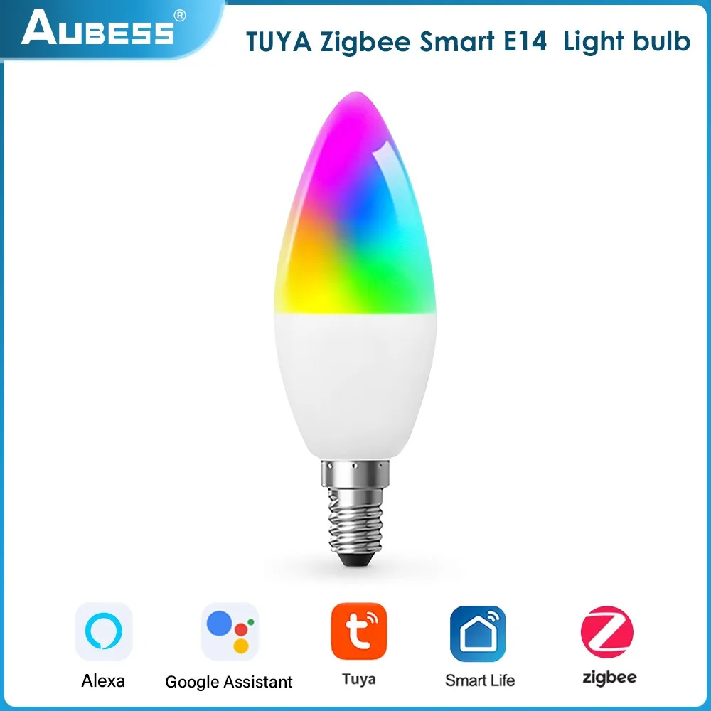 

Умная Светодиодная лампа Aubess TUYA Zigbee с регулируемой яркостью, 5 Вт, E14, RGB светильник с голосовым управлением, 100-240 В, работает с Alexa Google Home