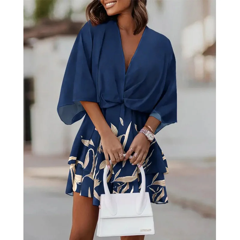 

Women's Sexy V Neck Bat Sleeve Mini Chiffon Dress Floral Print Elastic Waist Elegant Women Ruffle Hem Party Dresses Robe