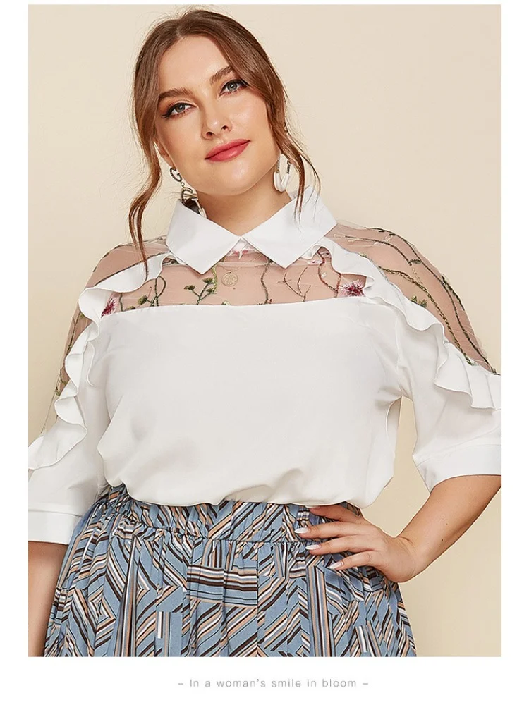 Summer plus-size new temperament lapels sheer embroidered panels wood ear mid-sleeve shirt blusas plus size mujer