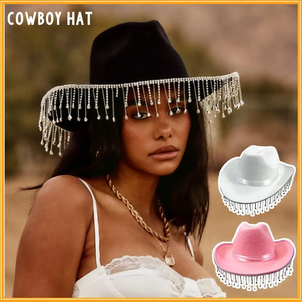 

Fashion Rhinestone Fringe Cowgirl Hat Solid Color Western Cowboy Wide Hat Cap Adjustable Party Jazz Drawstring with Brim To E5T9
