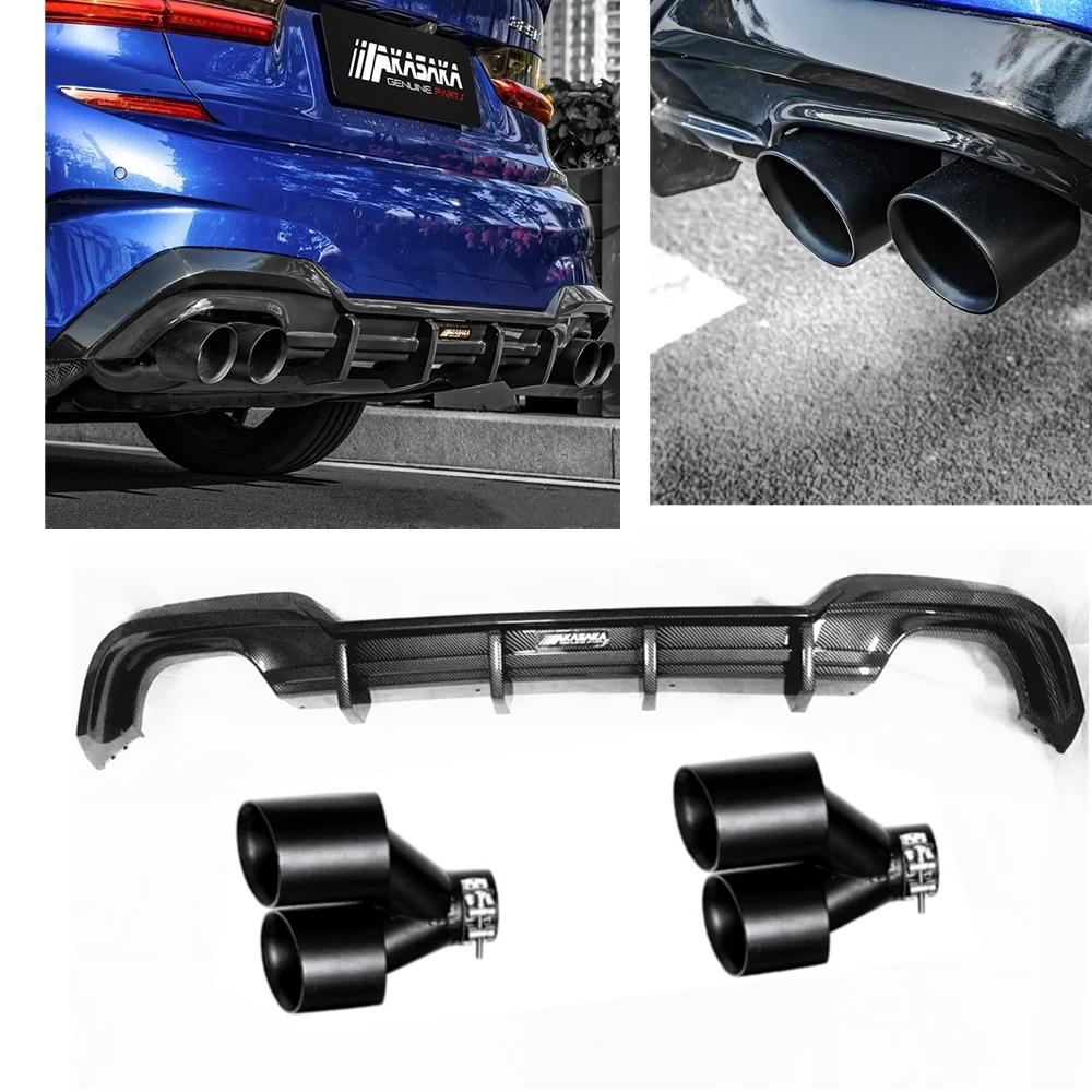 Car Tip Exhaust Pipe & Rear Bumper Diffuser Lip Trim Spoiler For BMW G20 325i 325LI 2020 M Sport AKASAKA