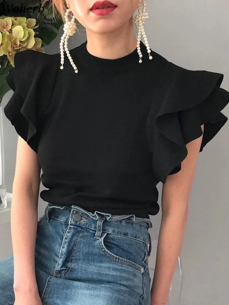 Woherb Летние Осенние вязаные топы женский короткий свитер с оборками и летящими