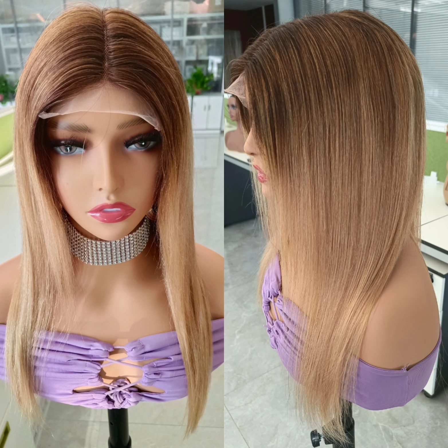 4x5x1 T Lace Front Wig Middle Part Bone Straight Human Hair T4/27 Ombre Brown Blonde Transparent Lace Closure Pre-plucked Bobbi