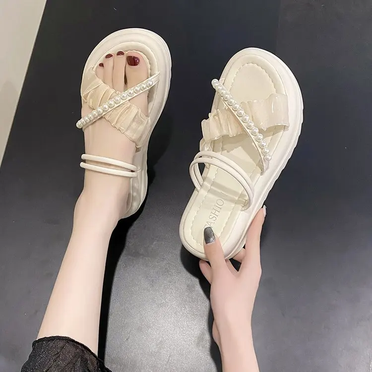 

Slippers Casual Shoes String Bead Platform Slides Summer Clogs Woman Med Pantofle Luxury Flat Beach 2023 PU Scandals Rubber