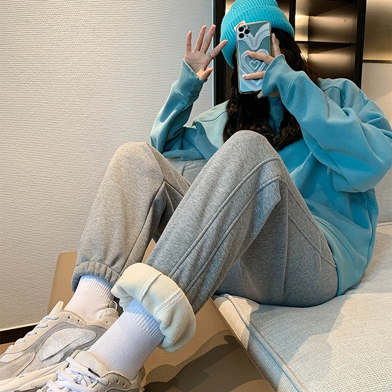 

Зимние теплые плюшевые брюки, женские Олимпийские плисовые прямые брюки с высокой талией, Свободные повседневные леггинсы, спортивные брюк...