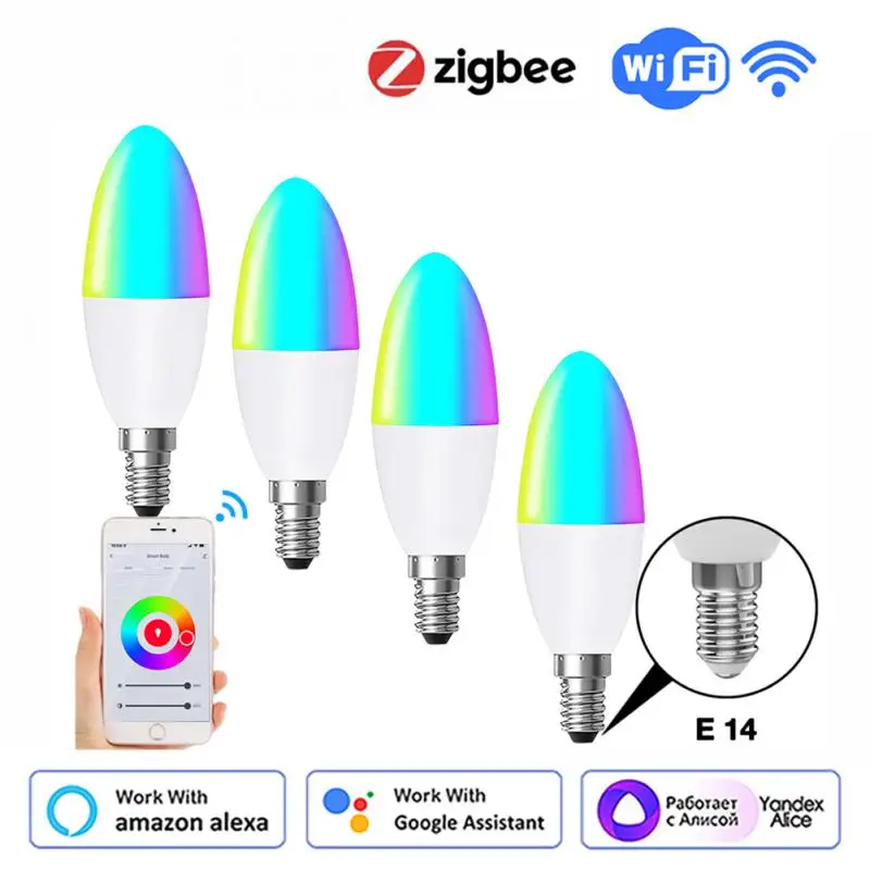 

Tuya WiFi Zigbee Smart E14 LED Light Bulb 5W 100-240V RGBCW Dimmable Candelabra Bulbs Works With Alexa Google Home Yandex Alice