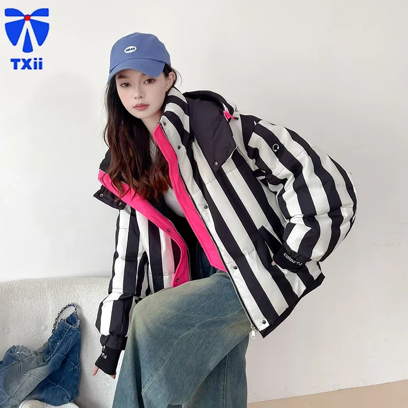 Высококачественный стильный полосатый женский короткий пуховик с капюшоном North