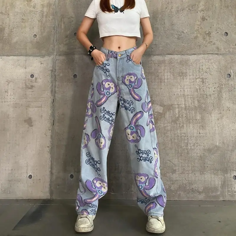 2023 Women Jeans Straight Pants Oversize Cartoon Rabbit Print Zipper Casual Female Long Trousers Large Size Mom Jeans High Waist