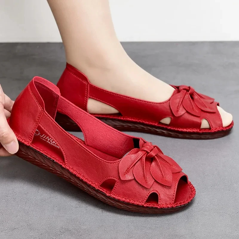 Plus Size 42 Women Shoes Fashion Peep Toe Slip On Sandal Loafers Shoes Ladies Leather Wedge Flats Mom Comfort Walking Shoe