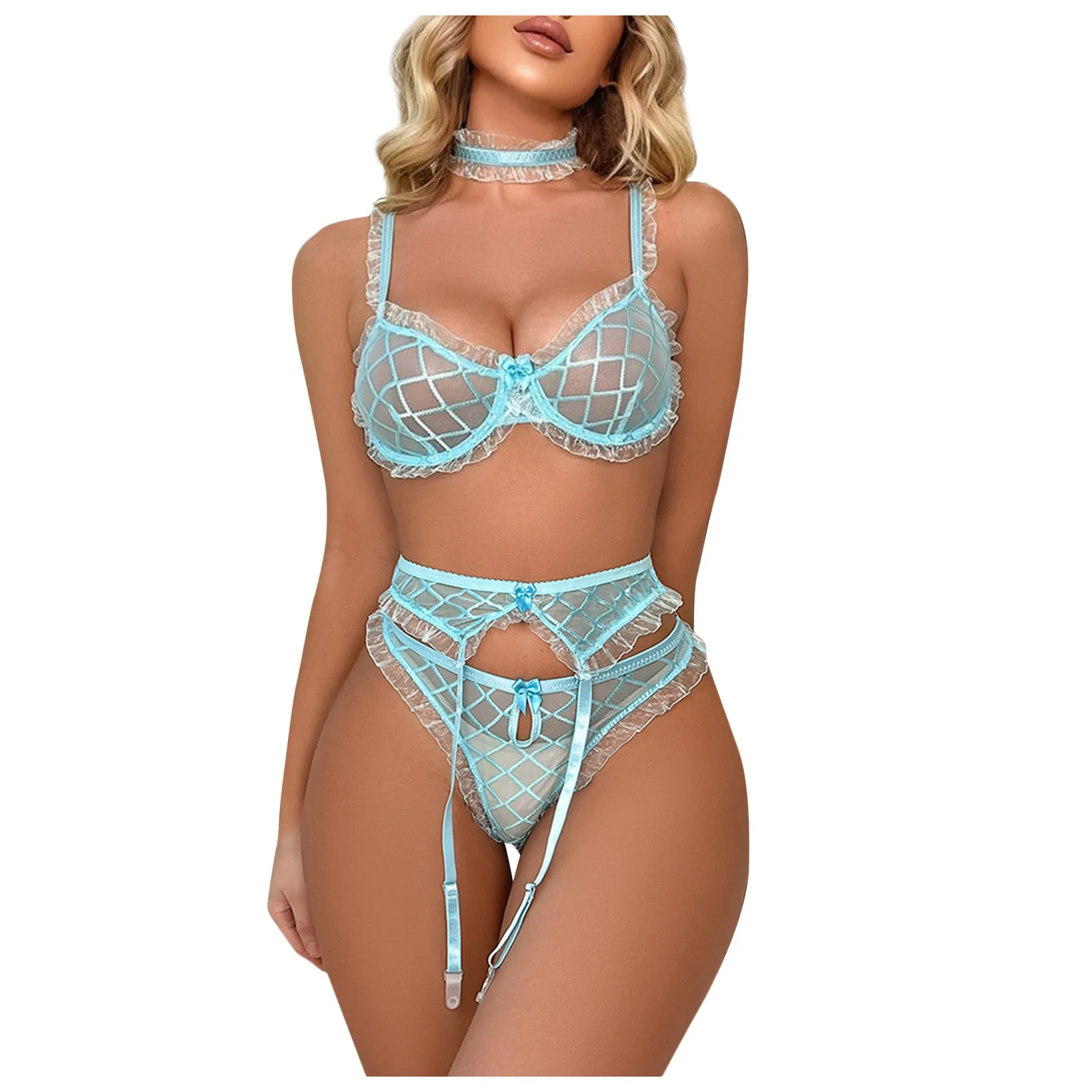 

Женское сексуальное нижнее белье Lenceria Femenina, трехточечный пояс с подвязками, ажурный костюм из трех частей, стринги с подвязками, экзотическ...