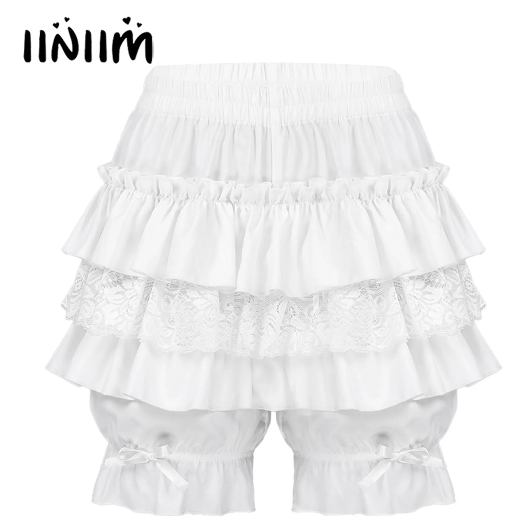 

Womens Layered Ruffled Lace Trim Lolita Bloomers Shorts Mid Waist Bowknot Frilly Bloomers Gothic Pantaloons
