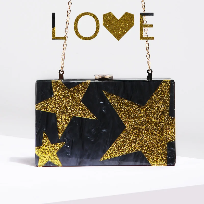 

Black Glitter Star Acrylic Shoulder Bag Hard Surface Women Box Bags Female Fashion Party Pouch Rectangle Daily Purse Clutches