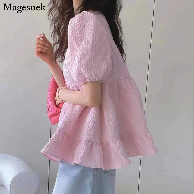 Casual Ruffled Loose Women's Blouse Summer New O-neck Puff Sleeve Woman Shirt Korean Vintage White Tops Lady Blusas Mujer 15517
