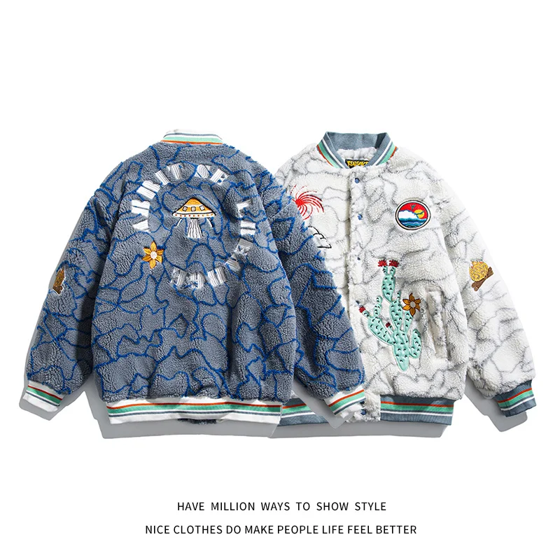 

New Arrival Winter Warm Lambswool Embroidery Women Baseball Bomber Jacket Unisex Man Streetwear Varsity Coat Casual Couple Chic