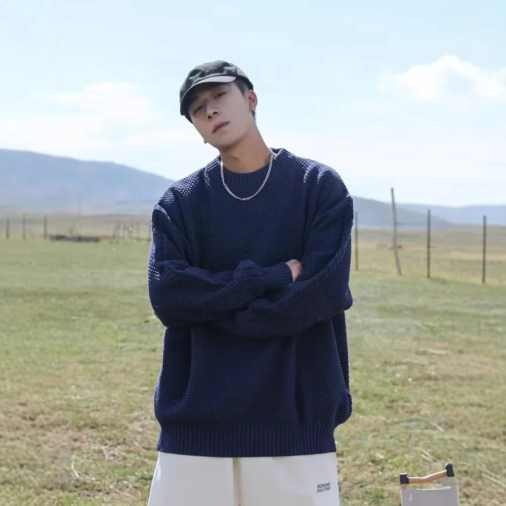 Мужской свободный свитер с круглым вырезом вязаный топ однотонный пуловер
