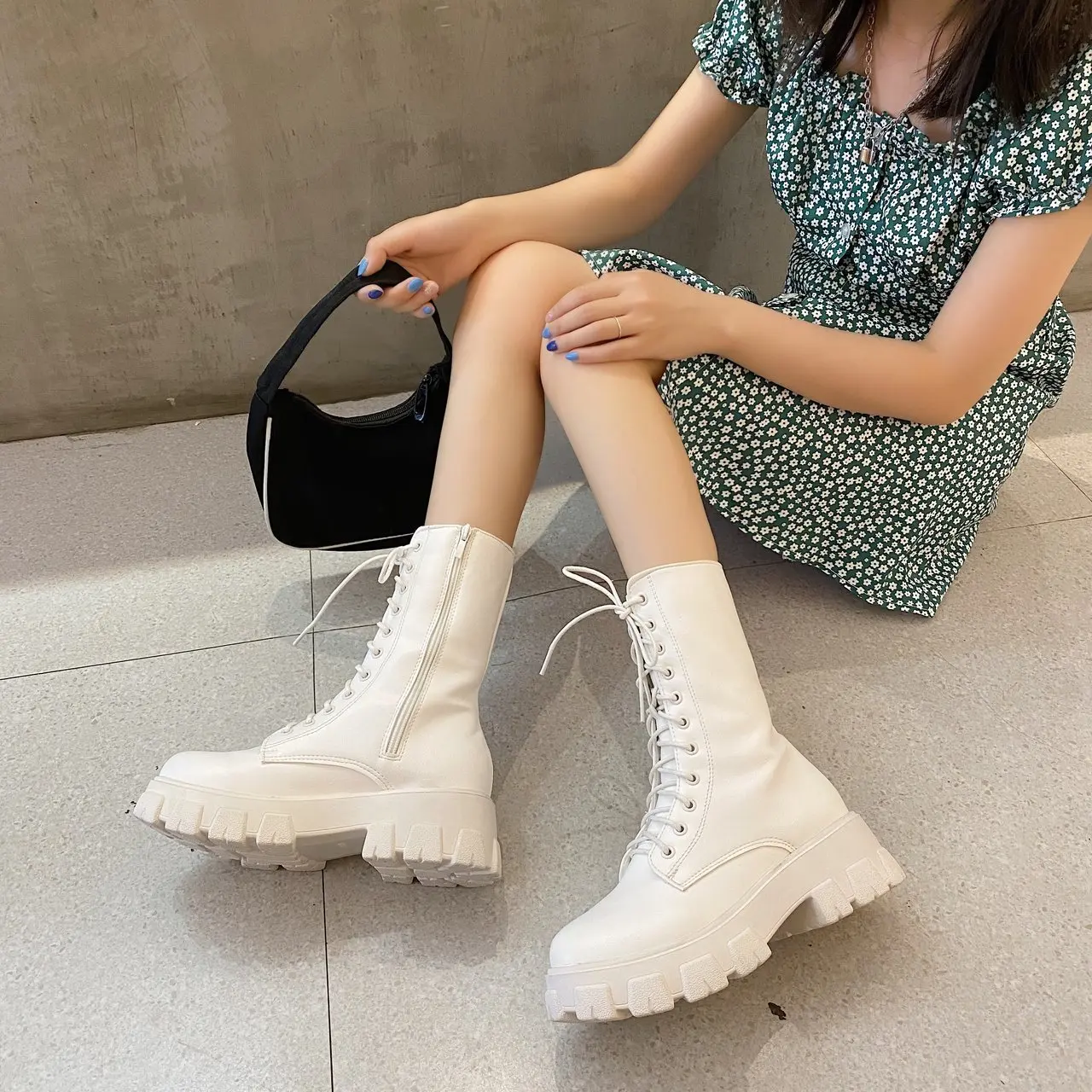 Women Motorcycle Boots Wedges Flat Shoes Woman Spring High Heel Platform Leather Combat Boots Lace Up Shoes Black Girls Platform