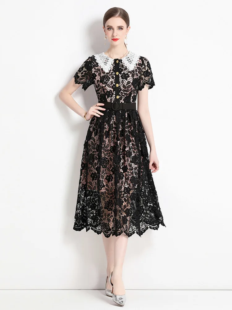 

Dress For Women 2023 Runway Fashion Party Summer Clothes Elegant Short Sleeve Hollow Out Embroidery Lace Long Dress Outfits