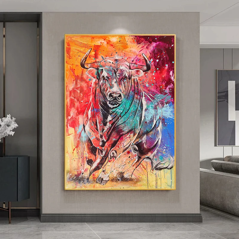 Бегущий бык холст постер классический испанский бычий картина маслом дикий