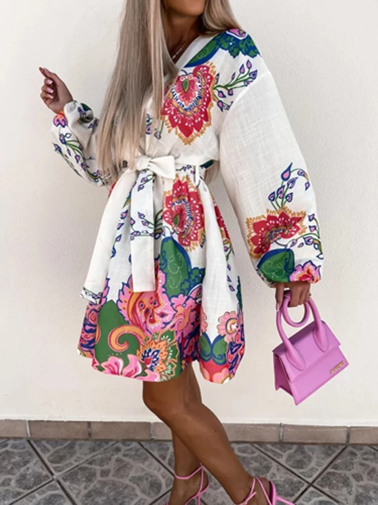 

V Neck Printed Dresses Women Fashion Loose Lace Up Long Sleeve Dress Women Mini Retro Streetwear Party Dress Ladies Summer Dress