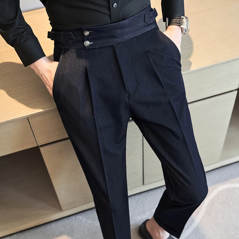 2022 Men Spring Summer Belt Decoration Casual Ankle Length Pants Fashion Slim Fit Suit Pants Streetwear Social Business Trousers
