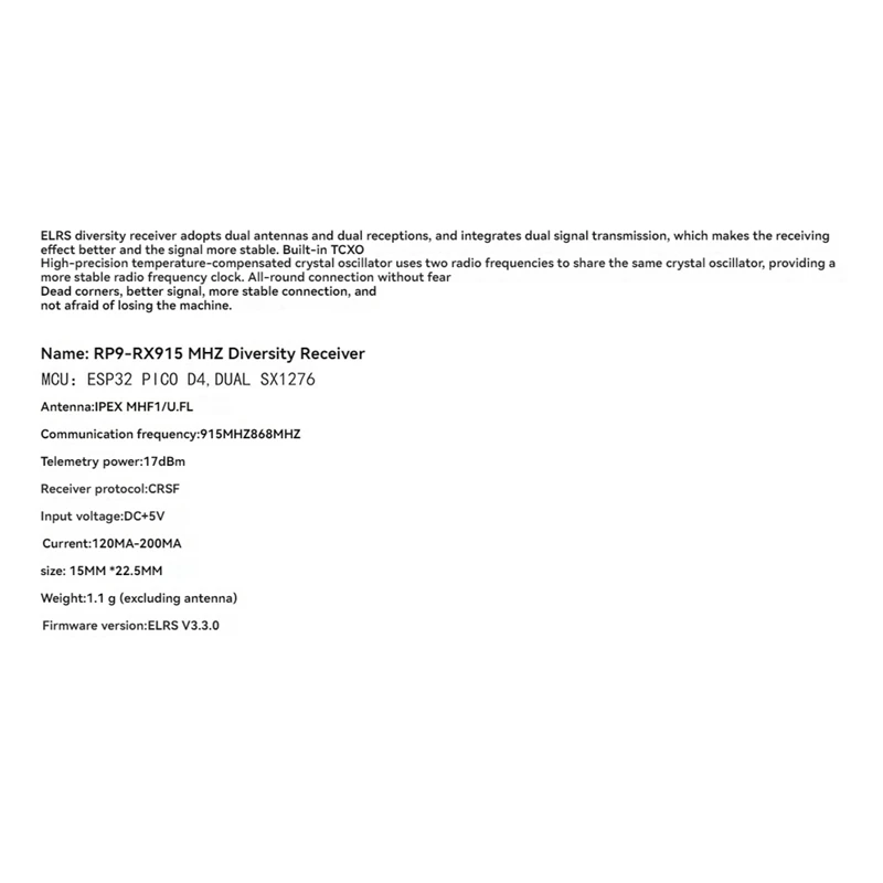Для JHEMCU RP9-RX ELRS 915 МГц разнообразие приемник RX для FPV RC дрона дальнего действия