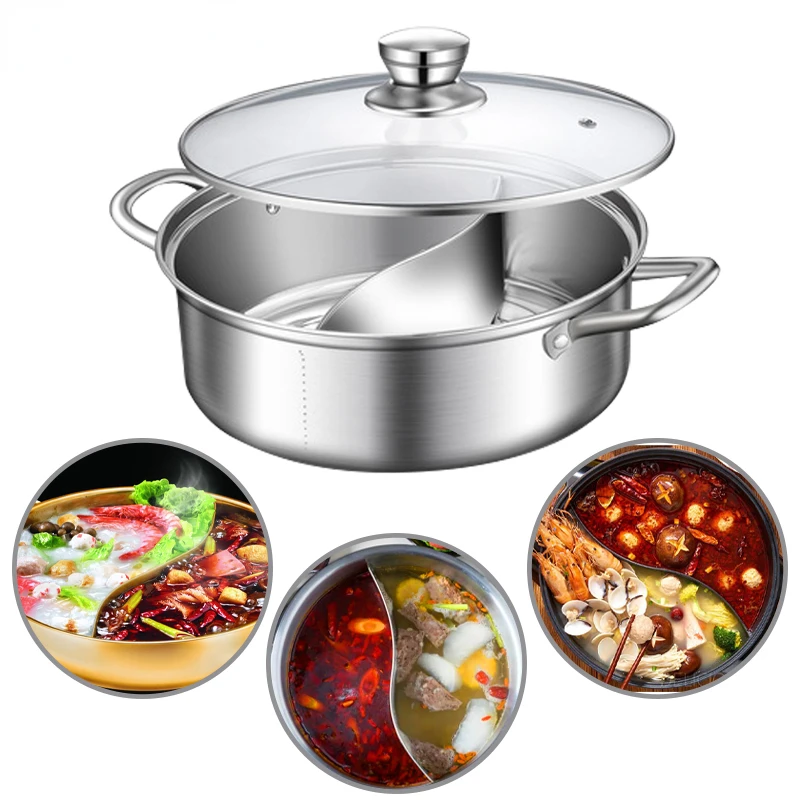Steel Hot Pot With Cover Two-Flavor Pot Multifunctional High Temperature Cooking Boiler for Induction Cooktops