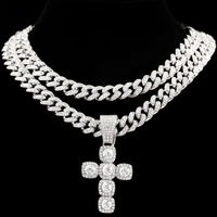 iced out crystal cross miami cuban link chain necklace for women men luxury square rhinestone cross choker necklace punk jewelry