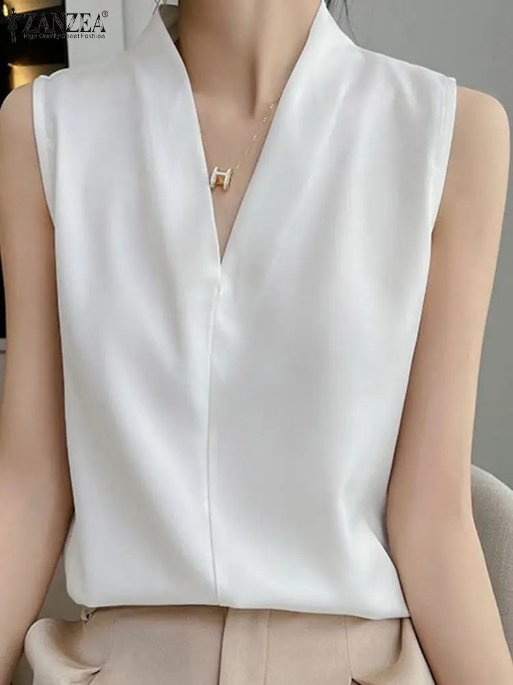 

ZANZEA Summer Sleeveless Tops Fashion Solid V Neck Blouse Women Office Basic Shirt OL Blusas Femme Holiday Chmeise Party Mujer