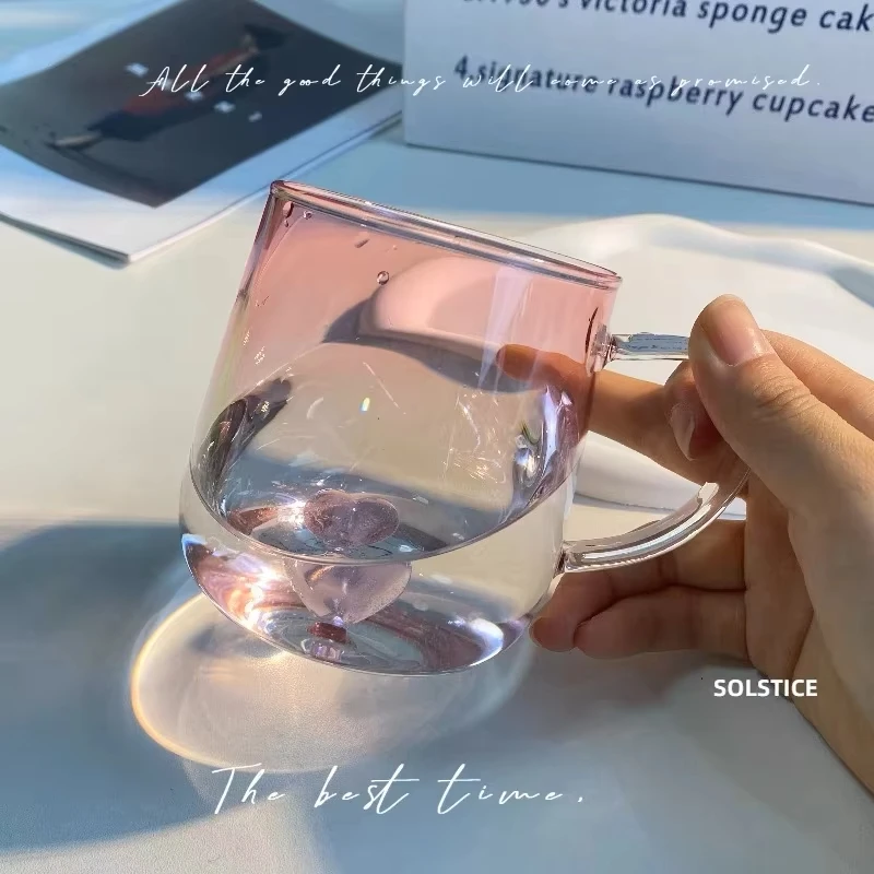Розовая прозрачная стеклянная чашка Love Cup креативная простая домашняя кружка для