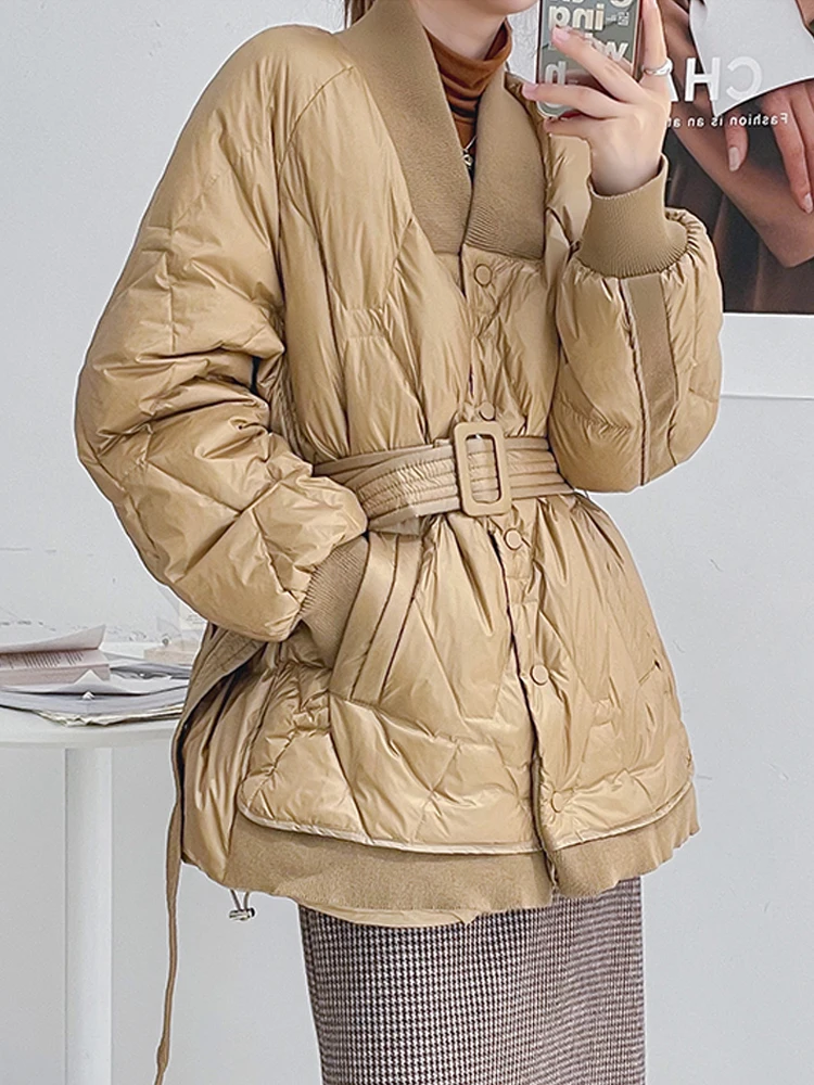 

Janveny New Luxury Design Women Winter Down Jacket Solid Sashes Coat Female 90 White Duck Puffer Down Parka Sweet Office Outwear