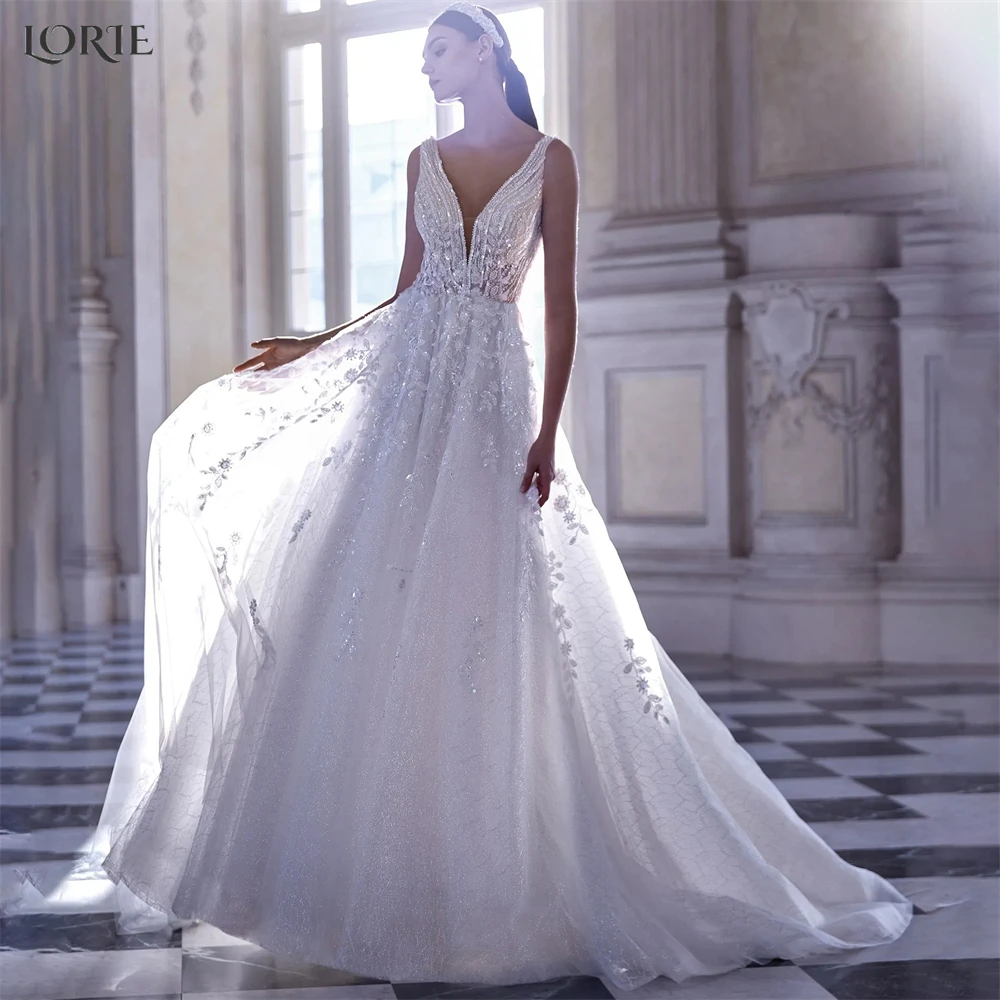 

LORIE Vintage Glitter Lace Wedding Dresses Deep V-Neck Sparkly 3D Flowers Appliques Bridal Gowns Backless Shiny Bride Dress 2022