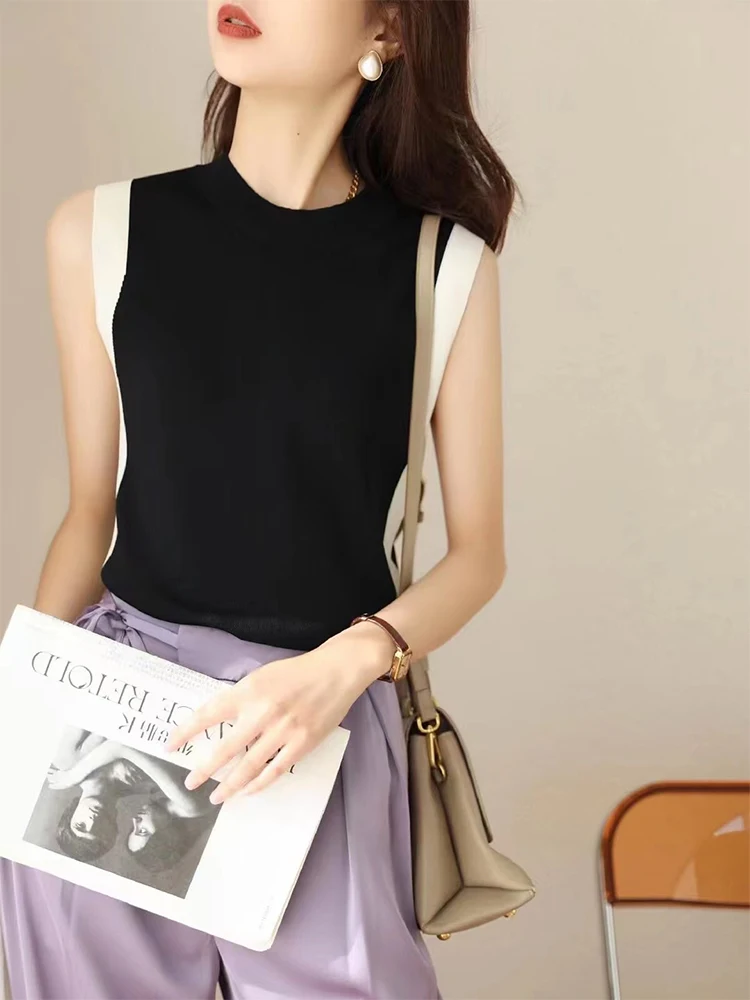 

BETHQUENOY Fitted Casual T-Shirt Women Summer Top Poleras Mujer Camisetas Sleeveless Round Neck Patchwork Knit Tee Shirt Femme