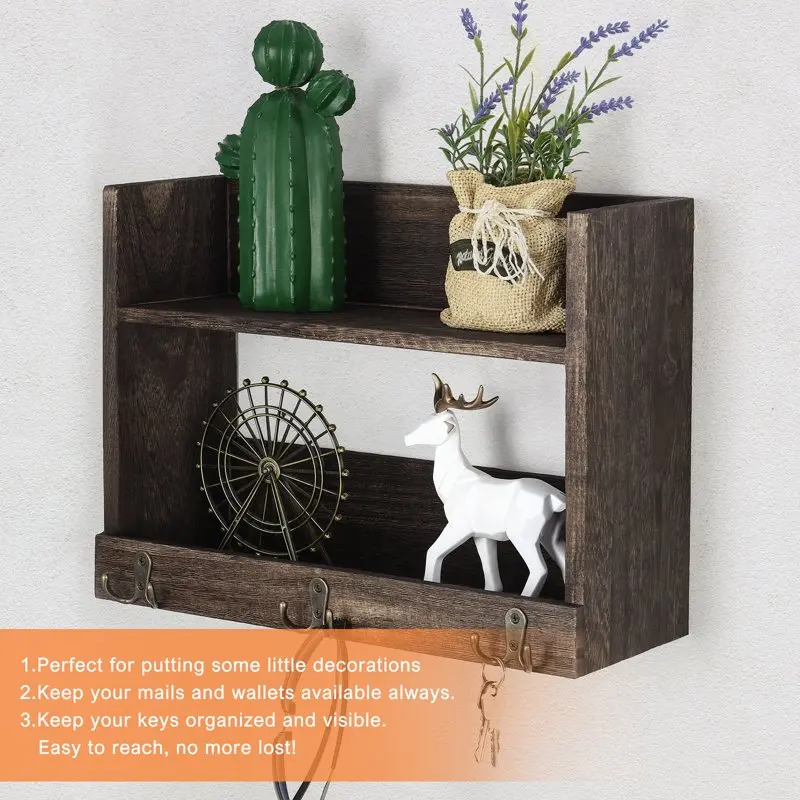 

Wood Decoration Floating Storage Shelf with 3 Hooks, Brown
