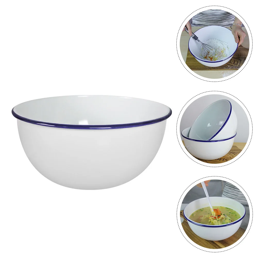 

Enamel Salad Bowl Kitchen Washing Basin White Ceramic Household Enamelware Vintage Round Decorative Tray Gadgets Washbasin