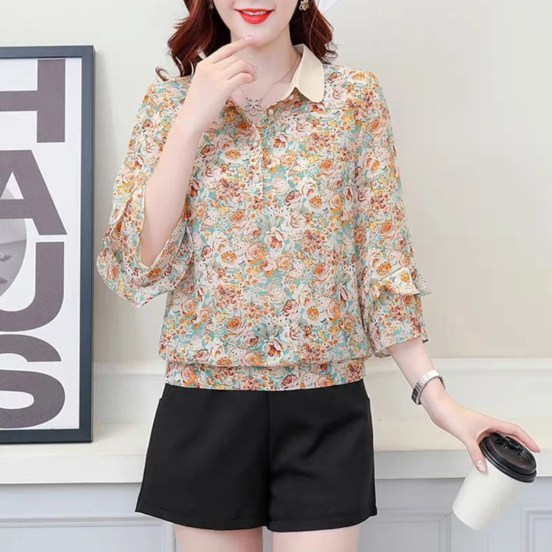 

2023 Women Summer Fashion Floral Printed Ruffle Elegant Blouse Sweet Lapel Three Quarter Sleeve Casual Shirts Female Blusas Ropa