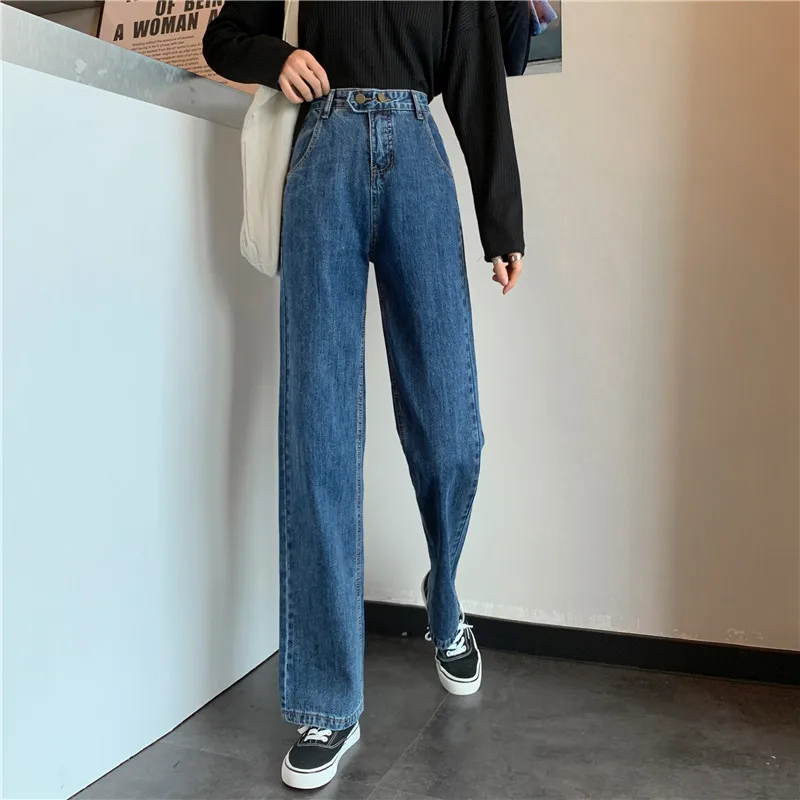 N0802  Smoke gray jeans women's straight loose new high waist wide leg long pants jeans