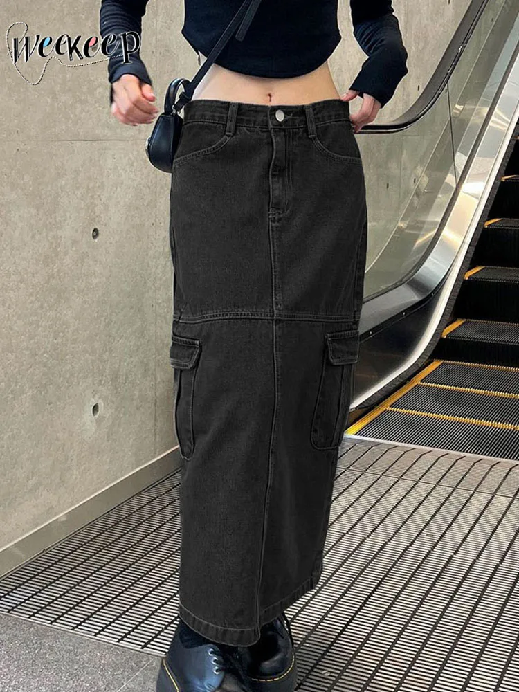 

Weekeep Vintage Cargo Style Denim Long Skirt Low Rise Straight Midi Skirts For Women Streetwear Harajuku Big Pocket Casual Skirt