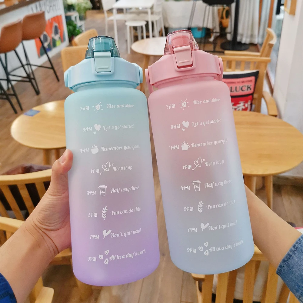 

Portable Large-Capacity Water Bottle 2000ml Time Marker Leak-Proof BPA Frosted Cup For Outdoor Sports Drinking Bottle With Straw