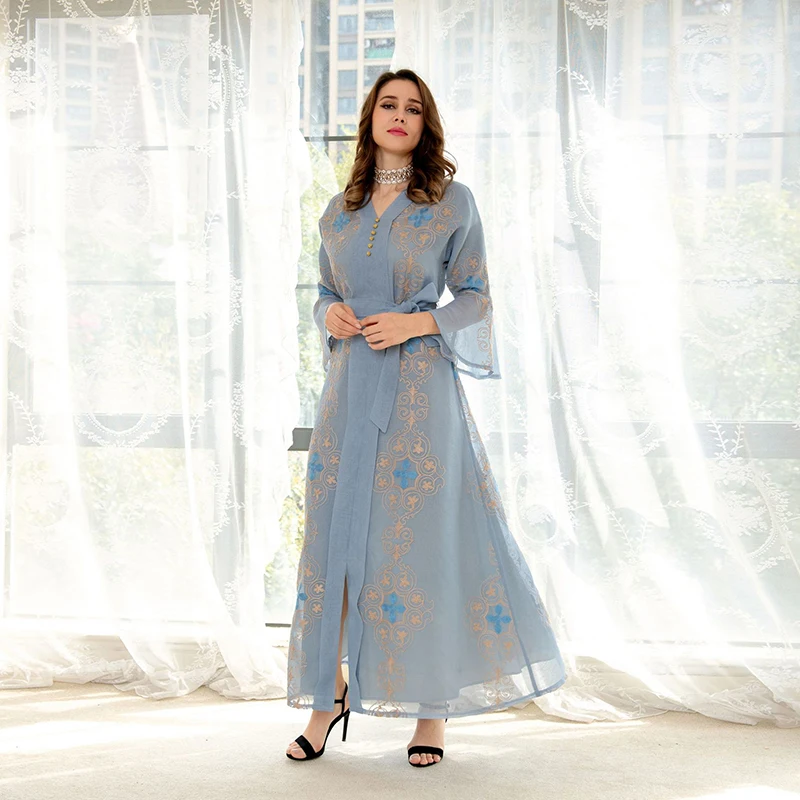 Mesh Embroidery Abaya Dubai Muslim Woman Dress 2022 With Buttons Belt Habaya Moroccan Jalabiyat Turkey Islam Arabic Abaya Kaftan