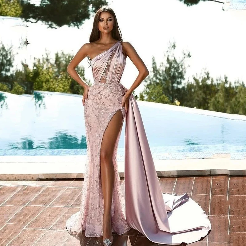 

Luxury Dubai Mermaid Pink Evening Dresses for Women Wedding One-Shoulder High Slit Pink Prom Party Gowns