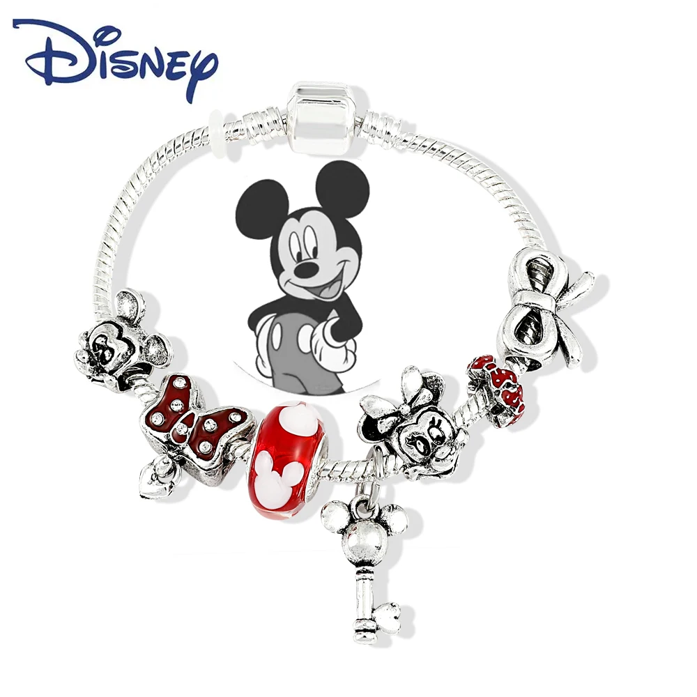 Cartoon Cute Disney Jewelry Red Crystal Mickey Minnie Pendant Bead Bracelet Silver Color Charm Jewelry Bracelet Pulsera Mujer